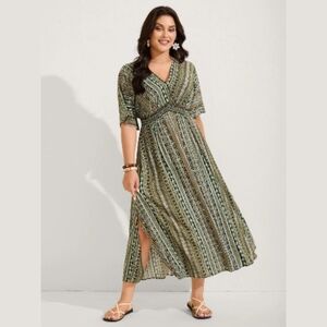 NEW BloomChic Striped Contrast Dolman Sleeve Shirred Pocket Split Flutter Dress